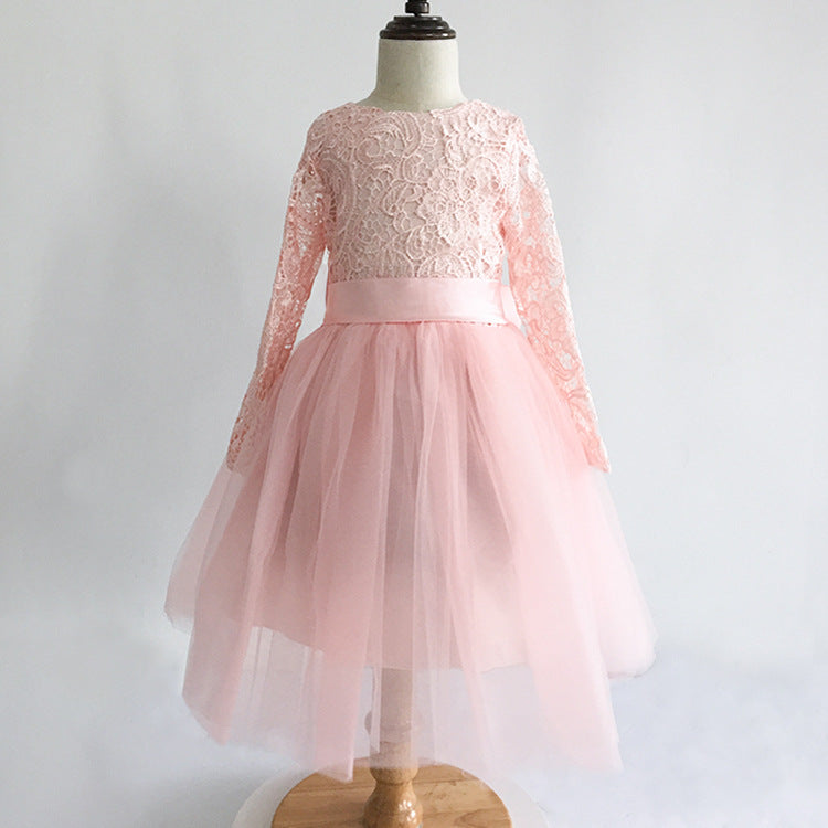 Cute Bow Tie Flower Girls Dresses Long Sleeve Lace Princess Dress Multi Colors