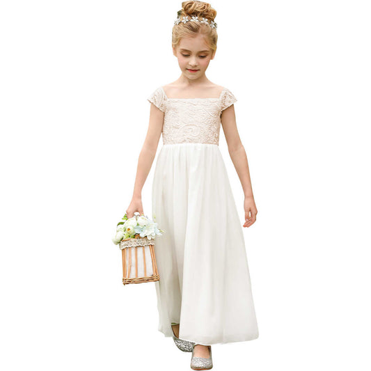 Lace A-Line Short Sleeve Girls Communion Party Dresses Flower Girl Dress Maxi Dresses