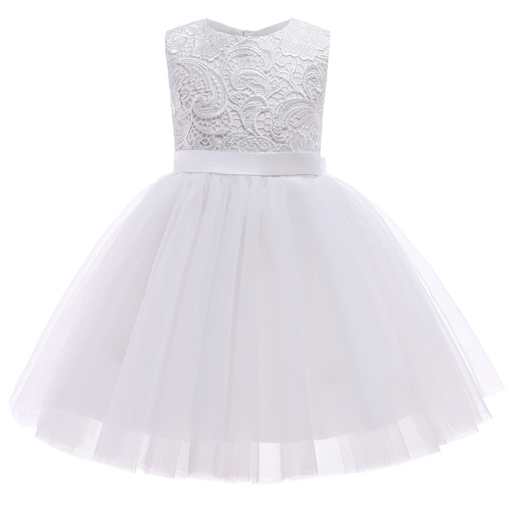 Cute Sleeveless Flower Girls Dresses Kids Ivory Lace Princess Gown with Bow