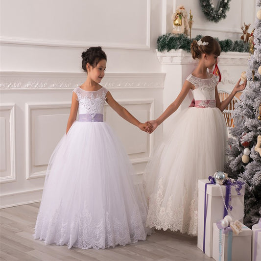 Elegant Flower Girls Dresses Kids Floor Length Princess Dress Lace Train Gown