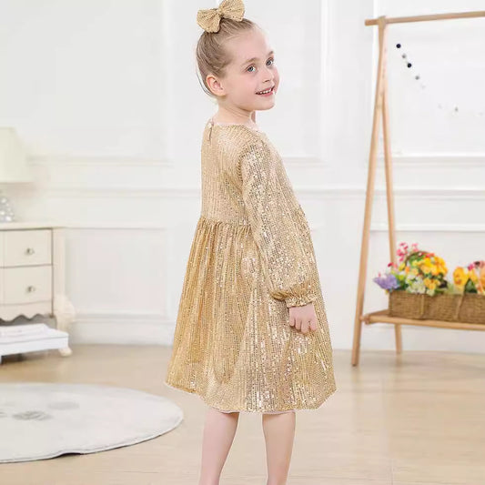 Sparkly Glitter Birthday Party Dress Kids Puffy Sleeve Round Neck Sequins Dress Cute Gown