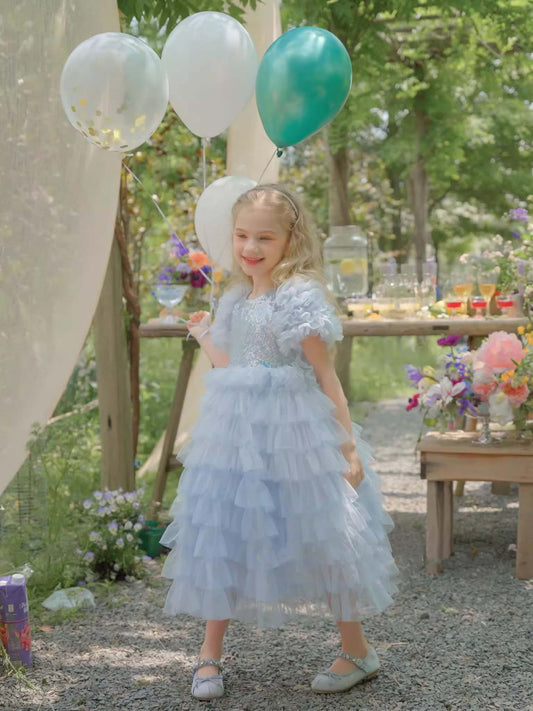 Cute Layer Birthday Party Dress Sequins Princess Gown Flower Girl Dresses Tea Length