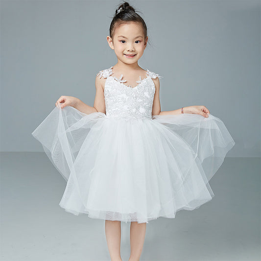 Girls Sleeveless V Neck Tulle Dress Simple Princess Flower Girl Dresses with Bow