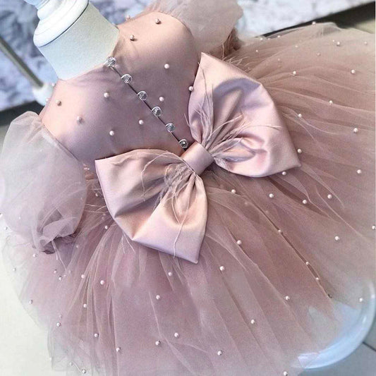 Cute Puff Sleeve Princess Dress with Feather Girls Birthday Party Gown with Bow