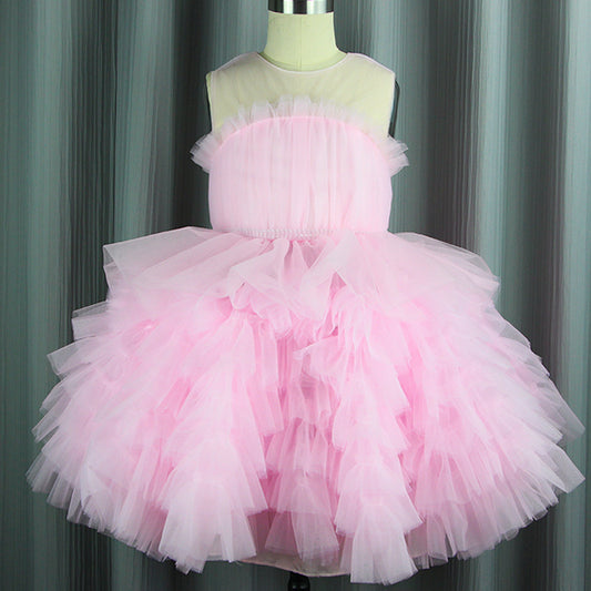 Cute Kids Sleeveless Pink Tutu Dress Girls Layer Princess Dresses