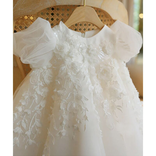 Puffy Sleeve Flower Girl Dress Vintage Ruffle Birthday Party Tulle Gown