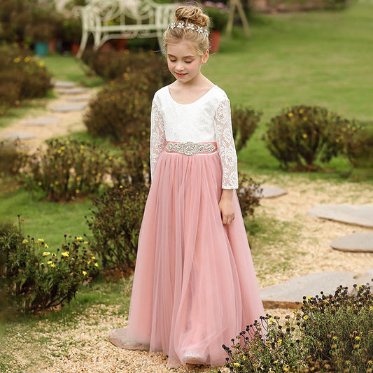 Kids Floor Length Princess Dresses Cute V Back Flower Girls Dresses Tulle Gown