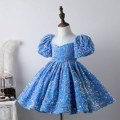 Little Girls Cute Sequins Princess Dresses Kids Puff Sleeve Holiday Dress Party Gowns