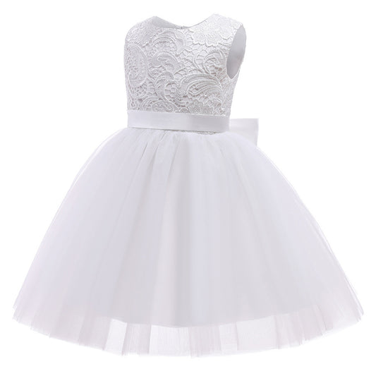 Cute Sleeveless Flower Girls Dresses Kids Ivory Lace Princess Gown with Bow