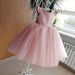 Cape Sleeve Girls Birthday Party Dreses with Bow A Line Tulle Gown for Kids