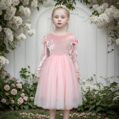 Kids Long Sleeve Velvet Princess Dresses Cute Round Neck Flower Girls Dress