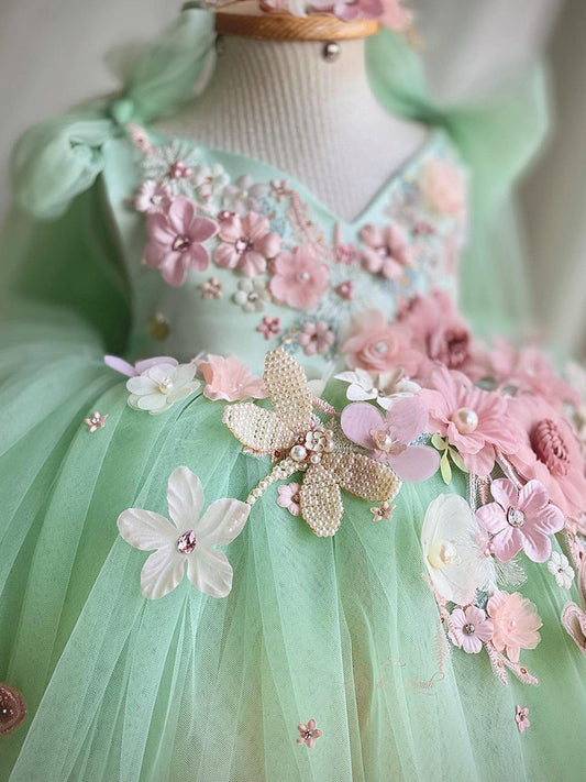 Fairy Princess Dress Cute Flower Girls Dresses with Bow Tulle Gown Embroidery Dress