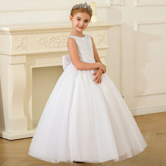 Kids Floor Length Prince Dresses with Bow V Back Sleeveless Flower Girls Dresses