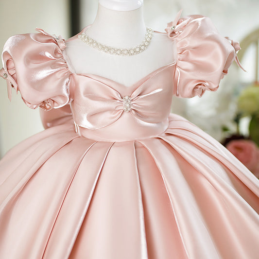 Cute Puff Sleeve Birthday Party Dresses with Bow A Line Pink Satin Princess Gowns