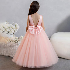 Girls Sleeveless Princess Dresses with Bow Cute Long Train Flower Girls Dress