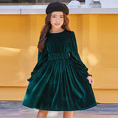 Girls Long Sleeve Velvet Princess Dress for Fall Winter Elegant Soild Birthday Party Dresses