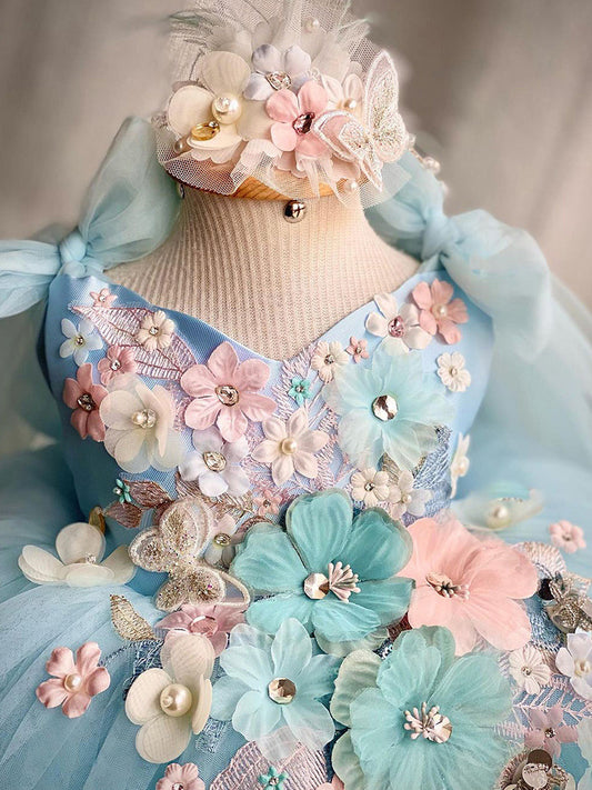 Blue Princess Dress Cute Flower Girls Dresses with Bow Tulle Gown Embroidery Butterfly Dress