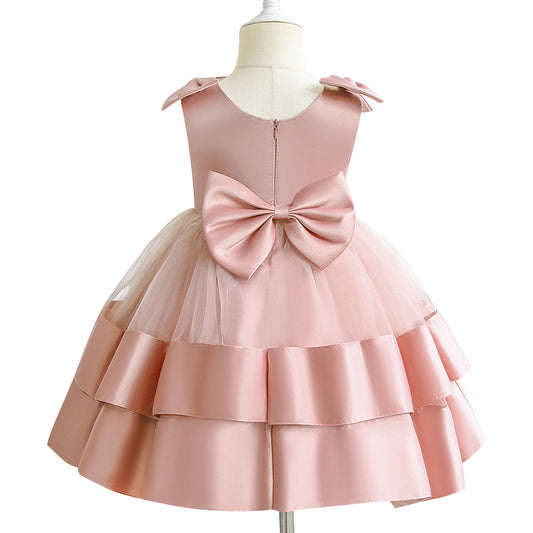 Cute Sleeveless Princess Dresses Kids Layer Cake Dress with Bow