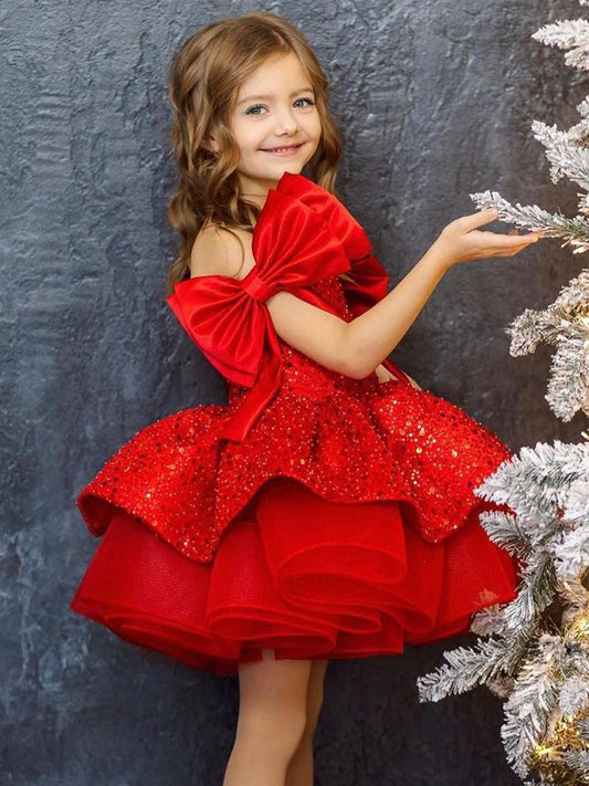 Girls Sequins Holiday Dresses with Bows Baby Birthday Party Dress Formal Princess Gown