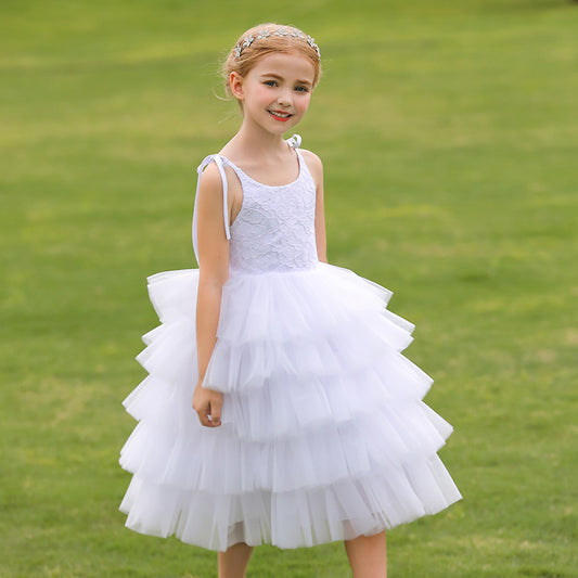 Cute Kids Layer Cake Princess Dress Round Neck White Lace Flower Girls Dresses