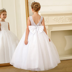 Kids Floor Length Prince Dresses with Bow V Back Sleeveless Flower Girls Dresses