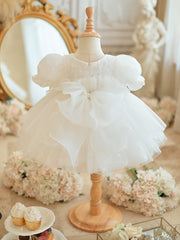 Girls Crew Neck Princess Dress with Bow Puff Sleeve A-Line Party Flower Girl Dress