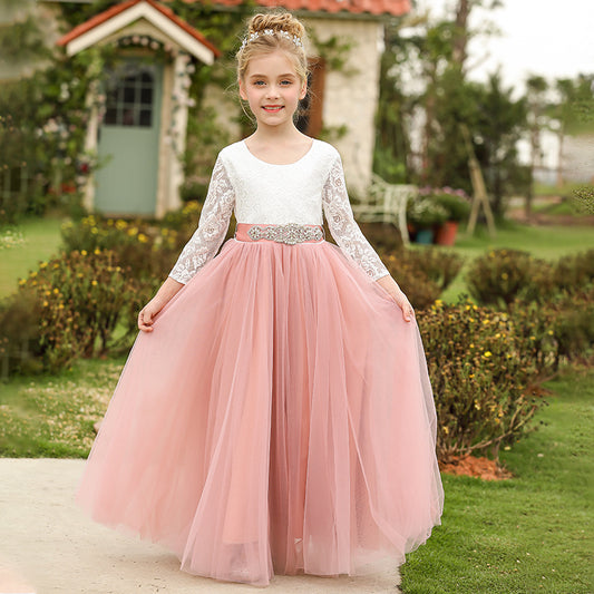 Kids Floor Length Princess Dresses Cute V Back Flower Girls Dresses Tulle Gown