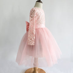 Cute Bow Tie Flower Girls Dresses Long Sleeve Lace Princess Dress Multi Colors