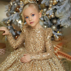 mock neck golden princess dress tutu sequins gown with bow stylish birthday party dresses