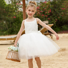 Cute Slip Flower Girls Dresses Sleeveless A Line V Back Tulle Gown with Bow