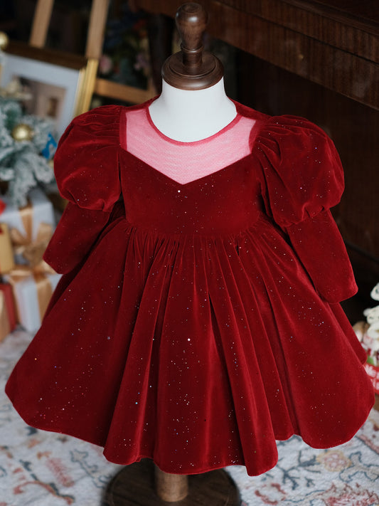 Kids Puffy Sleeve Red Velvet Princess Dress with Bow Sequins Holiday Party Gown