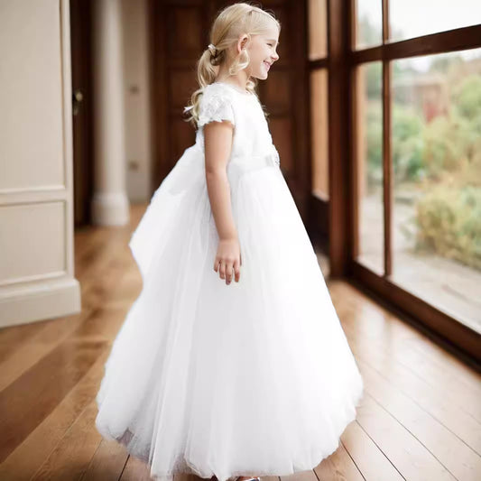 Round Neck Flower Girl Dresses Cape Sleeve Lace First Holy Communion Dress Tulle Gown