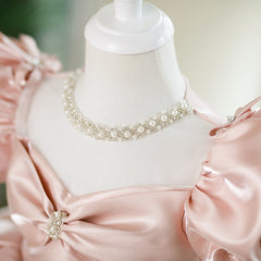 Cute Puff Sleeve Birthday Party Dresses with Bow A Line Pink Satin Princess Gowns