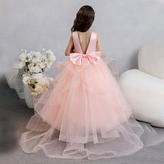 Girls Sleeveless Princess Dresses with Bow Cute Long Train Flower Girls Dress