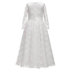 Girls Long Sleeve White Lace Flower Girl Dresses Floor Length Prince Gowns