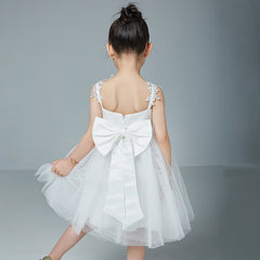 Girls Sleeveless V Neck Tulle Dress Simple Princess Flower Girl Dresses with Bow