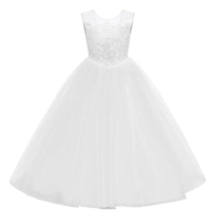 Girls Sleeveless Floor Length Princess Dress with Bow A Line Solid Communion Dress