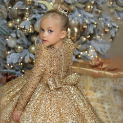 mock neck golden princess dress tutu sequins gown with bow stylish birthday party dresses