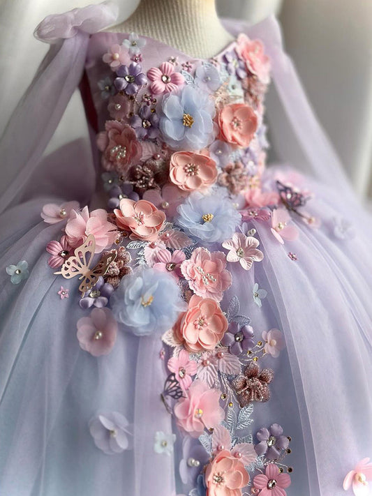 Purple Flower Girl Dress with Bow Cute Princess Dress Embroidery Tulle Gowns