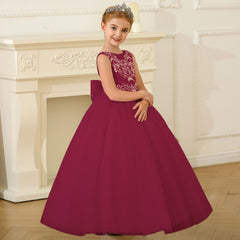 Kids Floor Length Prince Dresses with Bow V Back Sleeveless Flower Girls Dresses