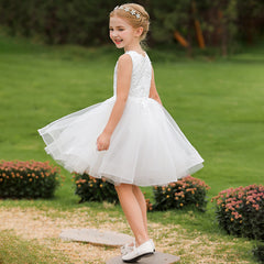 Sleeveless Flower Girl Dresses Cute A Line Solid Princess Dress Round Neck Tulle Gown