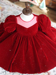 Kids Puffy Sleeve Red Velvet Princess Dress with Bow Sequins Holiday Party Gown