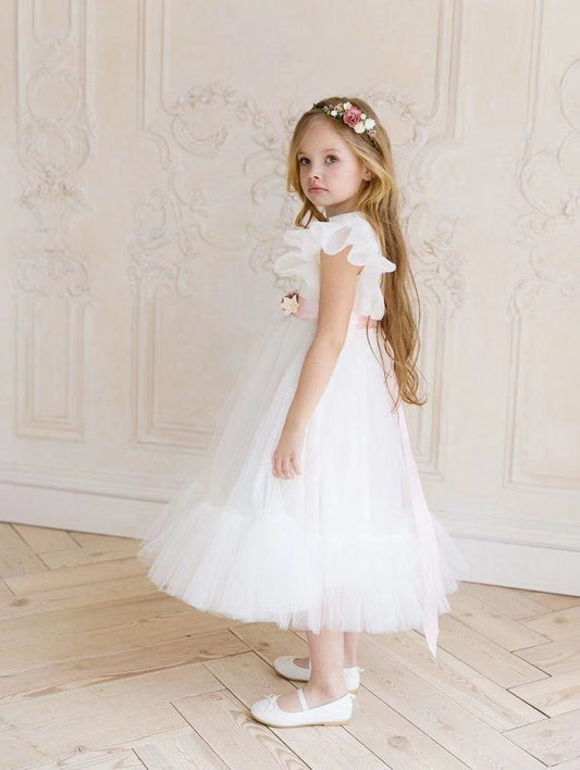 white flower girl dress cape sleeve princess gown stylish communion dresses