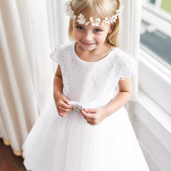 Round Neck Flower Girl Dresses Cape Sleeve Lace First Holy Communion Dress Tulle Gown