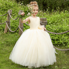 Sleeveless A Line Princess Dress for Girls Cute Flower Girl Dresses Floor Length Tulle Gown