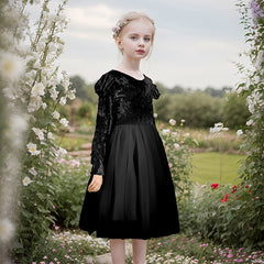 Kids Long Sleeve Velvet Princess Dresses Cute Round Neck Flower Girls Dress