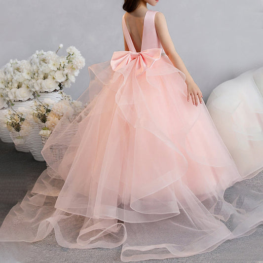 Girls Sleeveless Princess Dresses with Bow Cute Long Train Flower Girls Dress