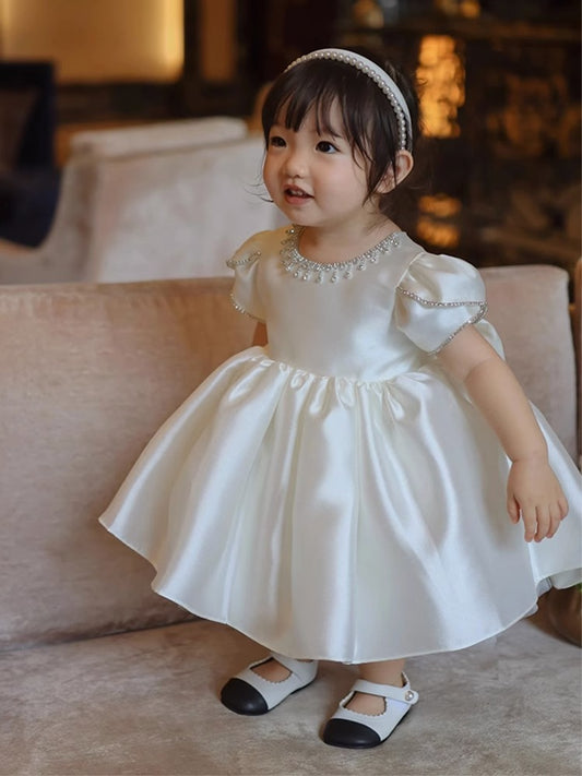 Cute Puff Sleeve Satin Princess Dress with Bow A Line Birthday Party Gowns