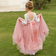 Kids Floor Length Princess Dresses Cute V Back Flower Girls Dresses Tulle Gown