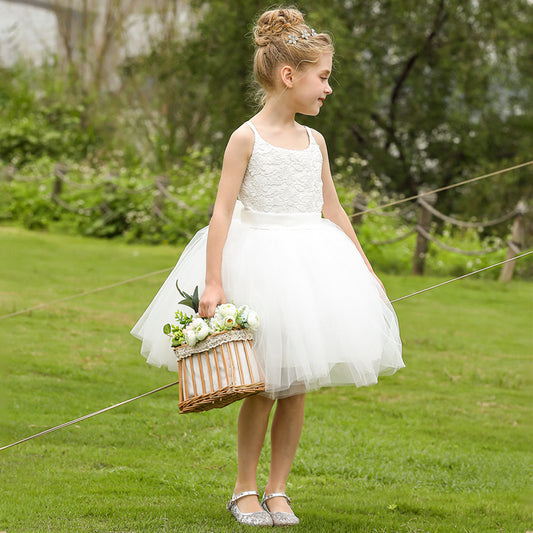 Cute Slip Flower Girls Dresses Sleeveless A Line V Back Tulle Gown with Bow